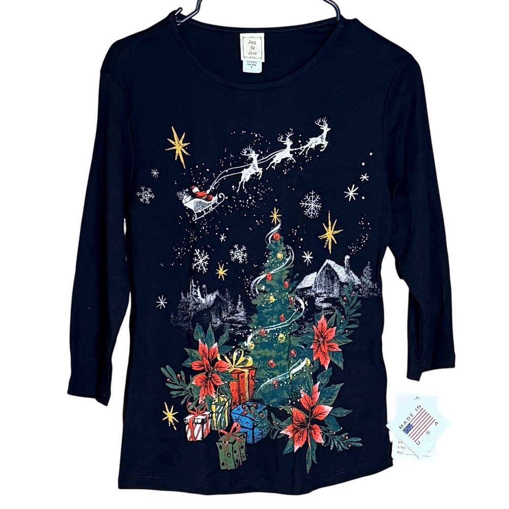 Jess &‎ Jane Small Christmas Top NWT Black Deer Santa Graphic Tee USA